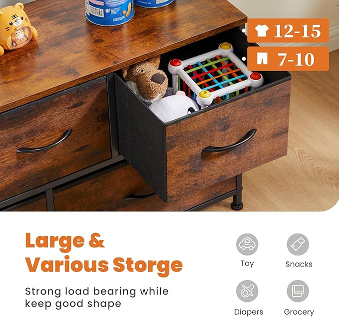 Sweetcrispy Dresser for Bedroom with 5 Storage Drawers, Fabric Storage Tower Organizer, Chest of Drawers with Metal Frame Wooden Top for Closet, Living Room, Entryway, Rust Brown