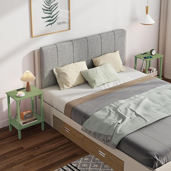 TUTOTAK End Table with Charging Station, Set of 2, Small Side Table with Outlets, Nightstand Bedside Table, 2-Tier Storage Shelf for Small Space, Living Room, Bedroom Olive Green TB01BOG041