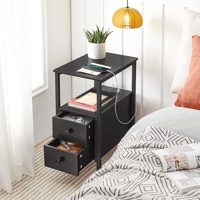 HOOBRO End Table with Charging Station, Narrow Side Table with 2 Drawer & USB Port & Power Outlets, Nightstand for Small Spaces, Stable and Sturdy, for Living Room, Bedroom, Black BK541BZ01