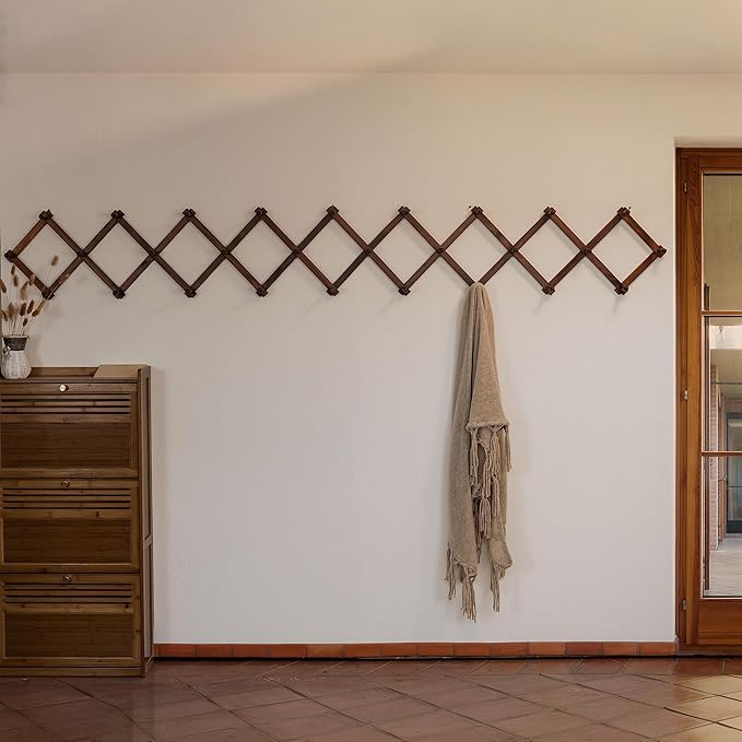 SKOLOO Accordion Wall Hanger with 28 Hooks, Modern Expandable Coat Rack Hat Rack for Wall, Solid Wooden, Walnut Color