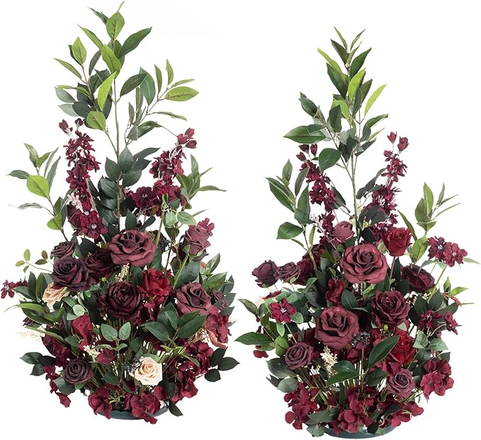 Ling's moment 41" Tall Fall Free Standing Artificial Flowers Arrangements 2pcs Wedding Aisle Runner Chair Decoration Fake Bordeaux Red for Arch Entryway Ceremony Reception Church Rose Floral Party