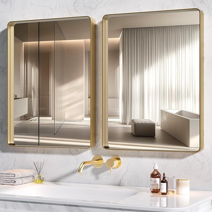 Hasipu 2 PCS Bathroom Mirror for Wall, 32 x 24 Inch Gold Metal Framed Bathroom Mirrors for Over Sink, Rectangle Bathroom Vanity Mirror, Anti-Rust, Tempered Glass, Horizontal or Vertical