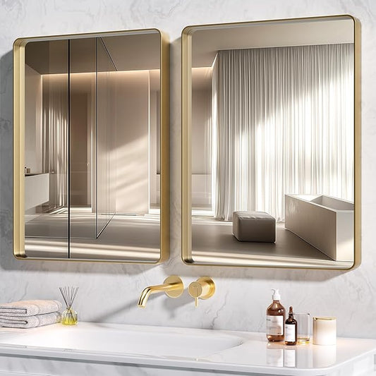 Hasipu 2 PCS Bathroom Mirror for Wall, 32 x 24 Inch Gold Metal Framed Bathroom Mirrors for Over Sink, Rectangle Bathroom Vanity Mirror, Anti-Rust, Tempered Glass, Horizontal or Vertical