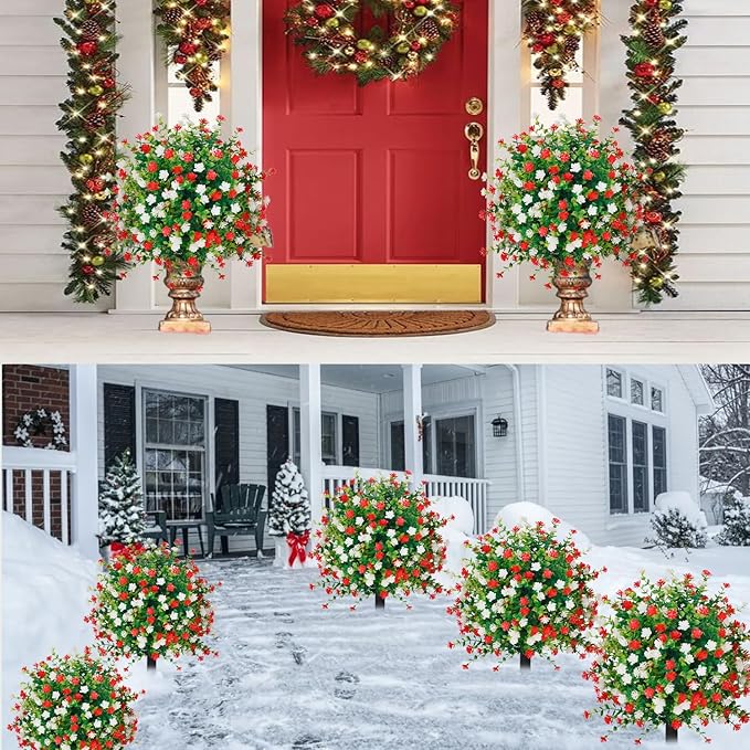 2 Pack Artificial Christmas Tree,Xmas Fake Topiary Ball Boxwood Trees with Ground Spikes,Faux Blooming Plants Shrubs Bushes for Outdoors Urn Filler Planters Garden Porch Christmas Decor