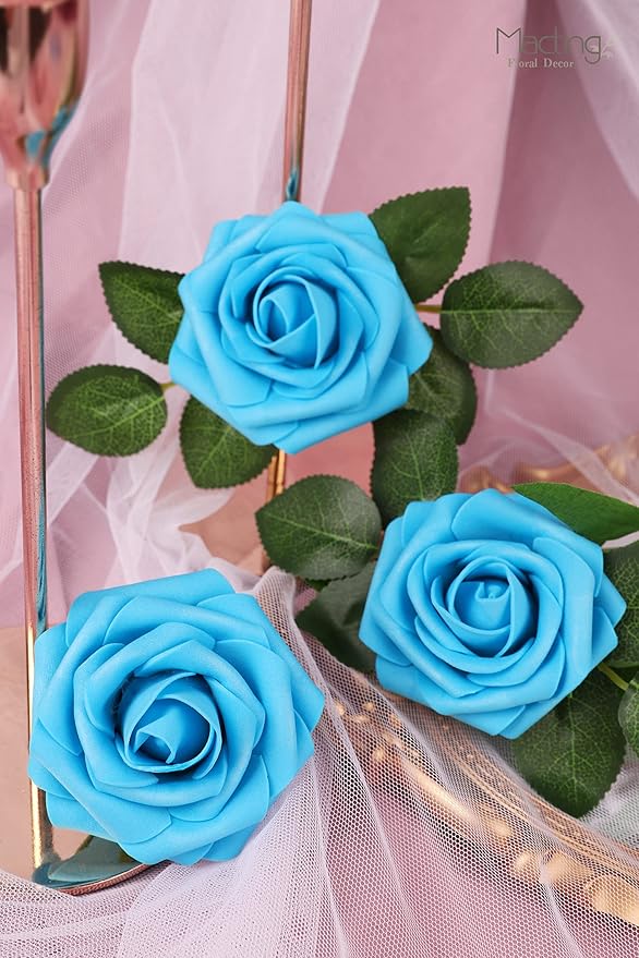 MACTING Artificial Flower Roses 30PCS Real Touch Fake Foam Roses with Stem Fake Flowers for DIY Wedding Bridal Bouquets Party Baby Shower Home Indoor Outdoor Spring Mothers Day Decor(Dark Teal Blue)