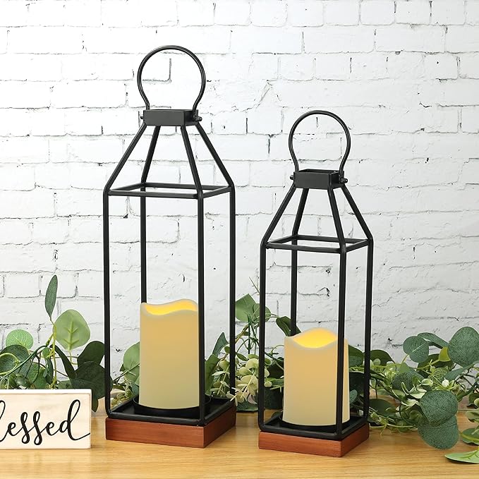 Perfnique Metal Lanterns w/ Pine Wood, Set of 2 Farmhouse Lantern Decorative w/ Waterproof Flameless Candle & Remote Timer, Modern Farmhouse Candle Holder for Outdoor, Porch, Fireplace(Wood Base)