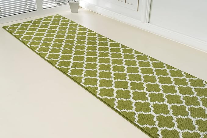 Custom Size Moroccan Trellis Runner Rug Mat for Wide Hallway Entryway Kitchen Laundry Room with Slip Resistant Latex Rubber Backing, Trellis Green, 31 inch X 10 feet