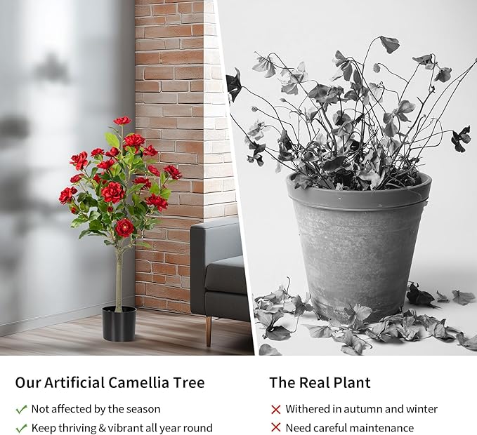 Artificial Camellia Tree 2 Pack, Artificial Plants Outdoor Faux Floral Plant in Cement Pot Fake Silk Camellia Tree Plants for Home House Living Room Office Decor