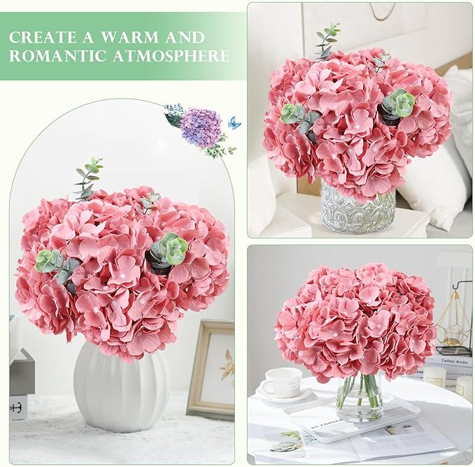 AVIVIHO Dusty Rose Hydrangea Silk Flowers Heads Pack of 10 Dusty Rose Fullness Hydrangea Flowers Artificial with Stems for Wedding Home Party Shop Baby Shower Decoration