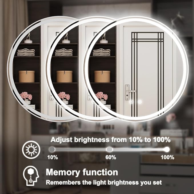 24 Inch Round LED Bathroom Mirror,Front & Backlit Lighted Bathroom Vanity Mirror, 6000K, CRI 90+, Dimmable, Touch, Anti-Fog