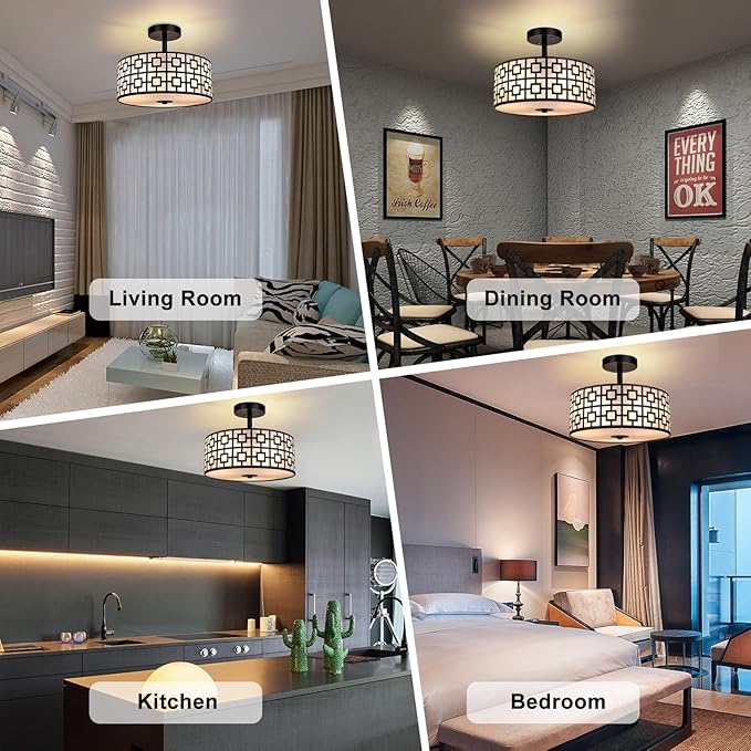 DLLT Flush Mount Ceiling Light: Modern 3-Light Semi Flush Mount Ceiling Light Fixture - Drum Kitchen Lighting Fixture for Dining Room - Black Bedroom Ceiling Lamp with Double Shade