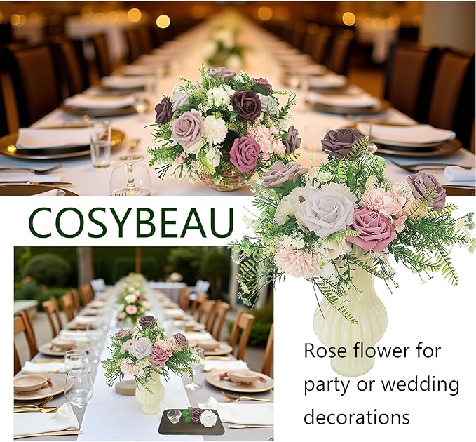 Artificial Fake Flowers 25pcs Roses, Shade of Light Purple Foam Rose Faux Flower for DIY Wedding Bouquet Bridal Shower Centerpieces Floral Arrangements Party Table Home Decorations