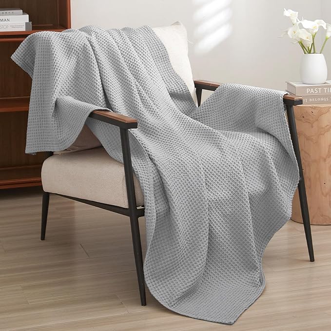 PHF 100% Cotton Waffle Weave Throw Blanket，Pre-Washed Snag Proof Lightweight Breathable Moisture-Wicking for Layering in Cold Weather for Couch Bed,Machine Washable,Home Decor Gift-Light Grey