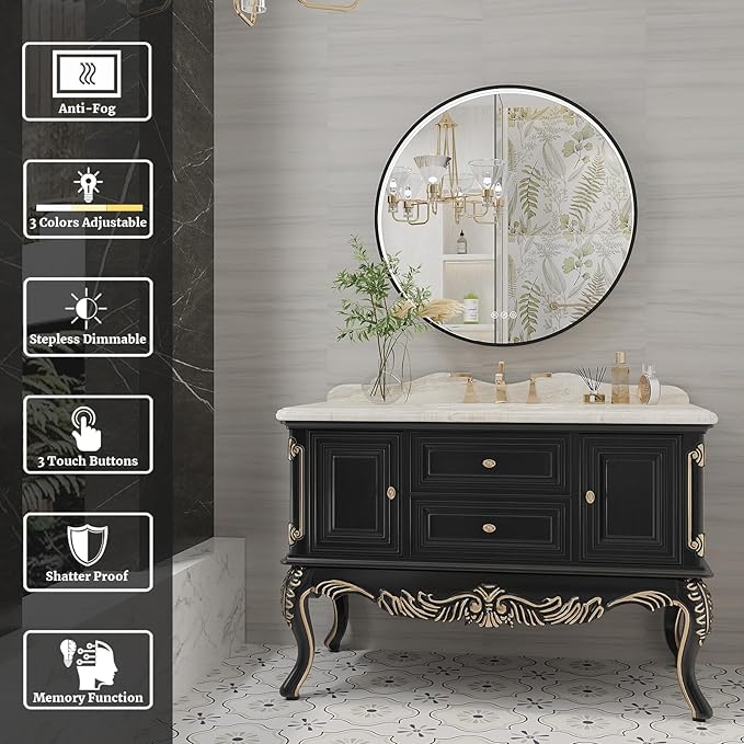 28 Inch Round LED Bathroom Mirror, Black Metal Framed Lighted Mirror for Bathroom, Wall Mouted LED Vanity Mirror with Lights, 3 Colors and Stepless Dimmable, Anti-Fog, Memory