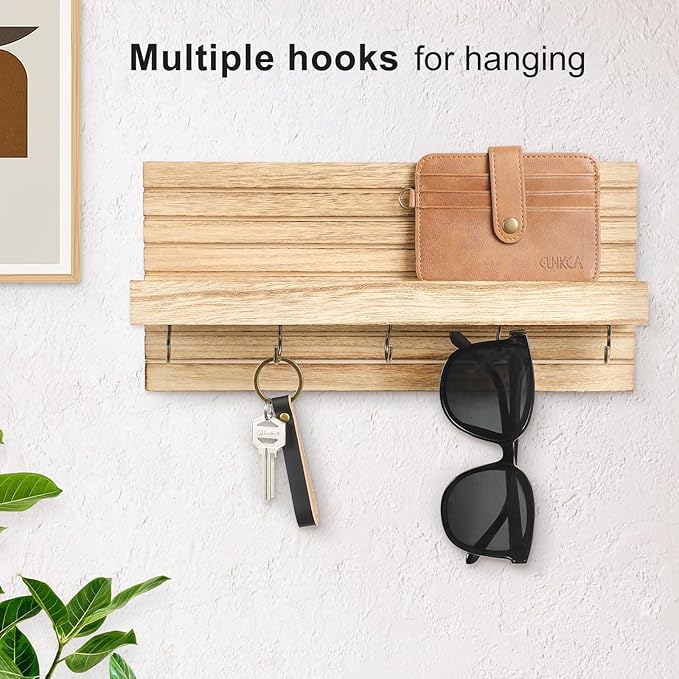 Decorative Key Holder for Wall with Shelf, Entryway Shelf with Hooks Holds Leashes, Jackets and Glasses – Sturdy Wood Keyholder Entrance Hanger with Mounting Hardware (Wood, Medium)