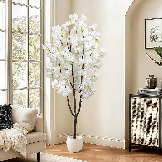 Faux White Cherry Blossom 6ft(72in) Artificial Floor Plant for Indoor Decor Natural Potted Tree with Texture Flowers and Realistic Wood Trunk for Home Living Room,Office Perfect Housewarming Gift
