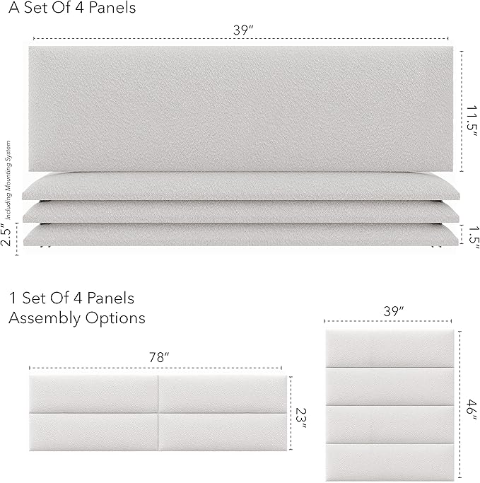 Vänt Upholstered Wall Panels - King/Cal King Size Wall Mounted Headboards - Boucle Ivory - Twin/King - Set of 4 Panels (Each Individual Panel 39"x11.5")