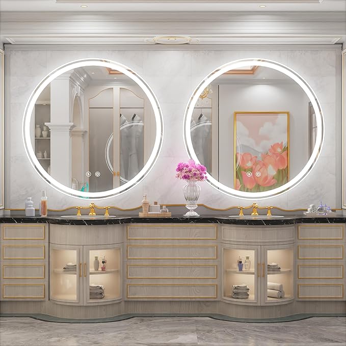 40 Inch Large Round Lighted Bathroom Mirror, Circle Vanity Mirror with Lights, Wall Mounted, Dimmable, Memory, Anti-Fog, 6000K