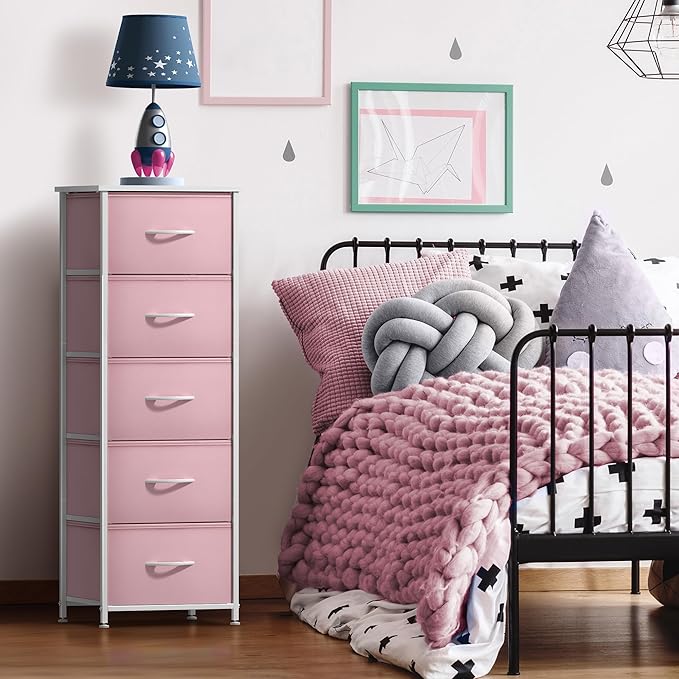 Sorbus Fabric Dresser for Kids Bedroom - Chest of 5 Drawers, Tall Storage Tower, Clothing Organizer, for Closet, for Playroom, for Nursery, Steel Frame, Fabric Bins - Wood Handle (Pink)