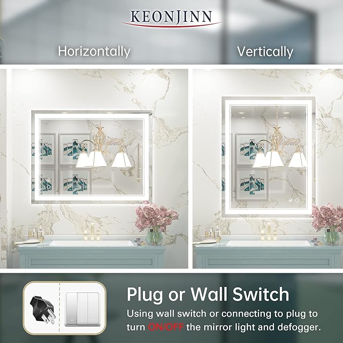 Keonjinn LED Bathroom Mirror with Lights, 28 x 36 Inch Front Lighted Vanity Mirror, HD Tempered Glass, UL-Listed LED Driver, Anti-Fog, 6000K Dimmale, Memory Function, Easy Installation
