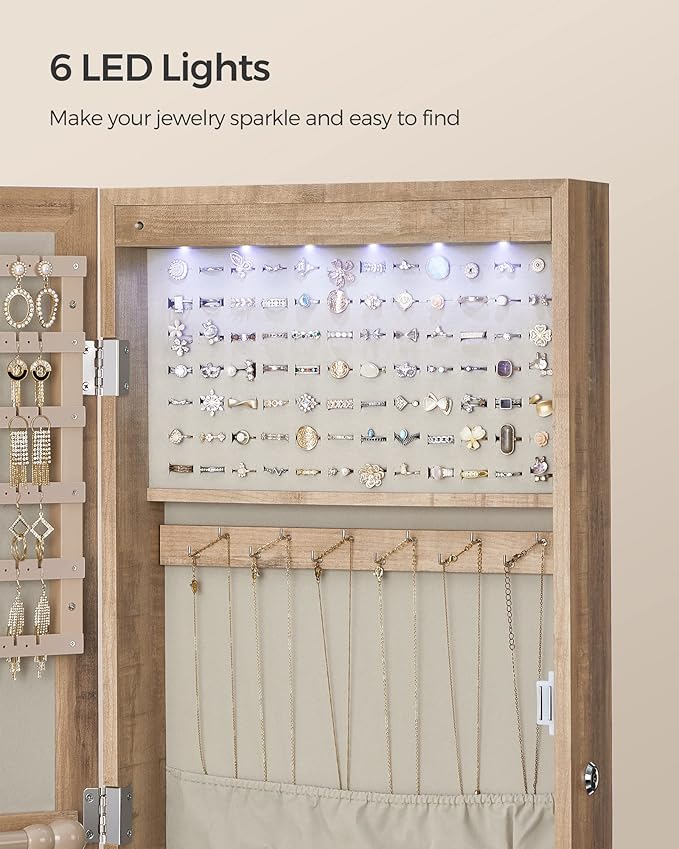 SONGMICS 6 LEDs Mirror Jewelry Cabinet, 47.2-Inch Tall Lockable Wall or Door Mounted Jewelry Armoire Organizer with Mirror, 2 Drawers, Christmas Gift, 3.9 x 14.6 x 47.2 Inches, Toasted Oak Color