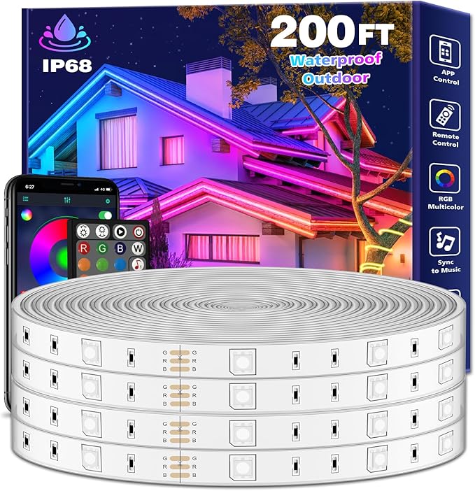 200Ft Outdoor LED Strip Lights Waterproof,Music Sync RGB IP68 Outside Led Light Strips Waterproofs with App and Remote,Exterior Led Rope Lights Waterproof for Deck,Balcony,Roof,Garden,Pool