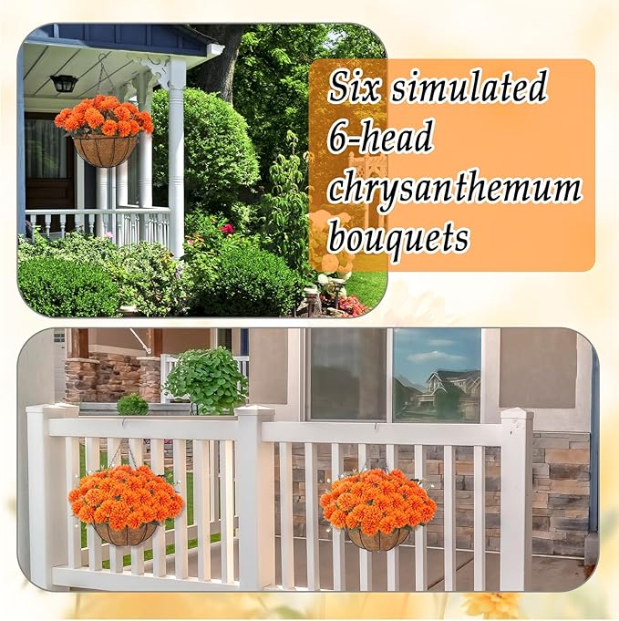 Fall Mums Artificial Flowers Hanging Basket for Outdoor Fall Porch Decor Fake Marigolds 6 Bundle Faux Silk Orange Flower Bouquet Chrysanthemum UV Resistant Realistic Plant for Autumn Table Home Decor
