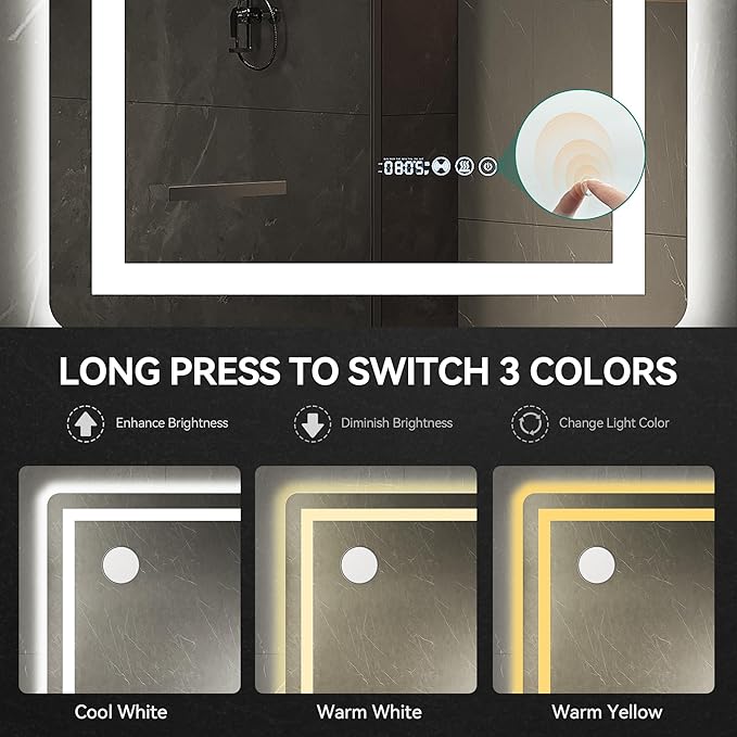 YITAHOME 40 x 32 Inches LED Bathroom Mirror, Front Light and Backlit, Motion Sensor, 10X Magnifying Glass, 3 Colors Dimmable, 5mm Tempered Glass, Anti-Fog, Wall Mounted Mirror-Horizontally Only