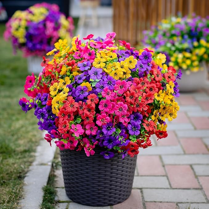 Artificial Flowers for Outdoors Fake Plants - 16 Bundles Faux Outside Greenery Boxwood UV Resistant Plastic Shrubs Decor (Mixed)