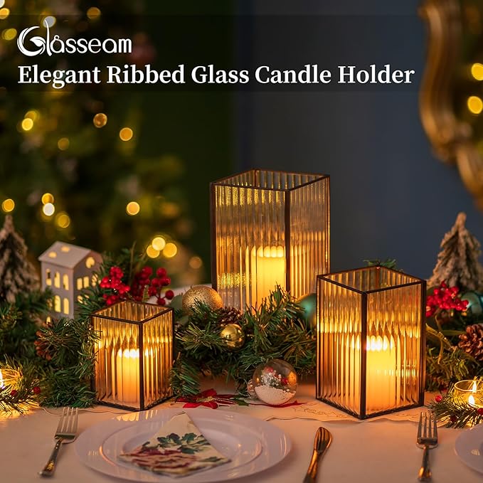 Glasseam Glass Hurricane Candle Holder: Square Black Candle Holders Set of 3 Metal Ribbed Pillar Candle Holder for Table Centerpiece Modern Small Lanterns Decorative Indoor Christmas Halloween Decor