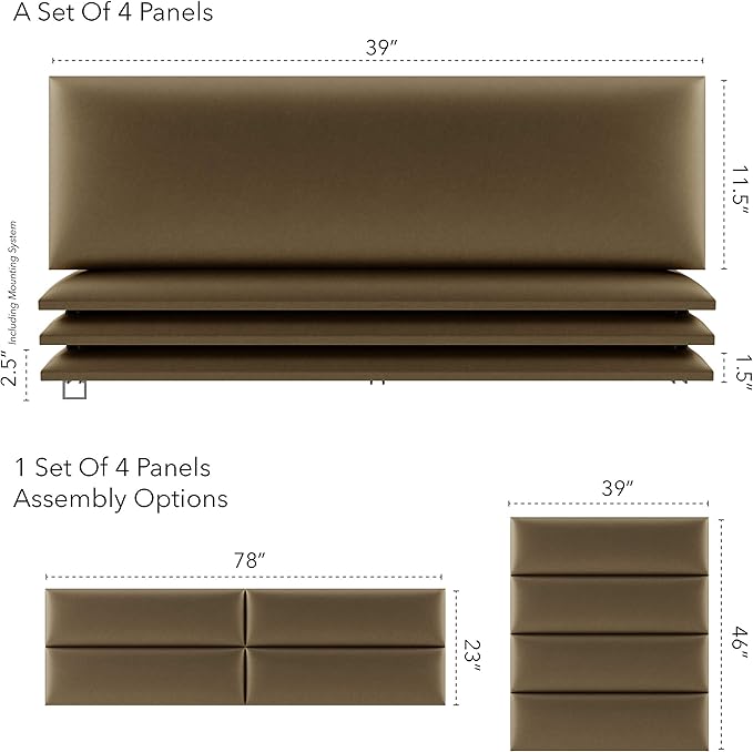 Vänt Upholstered Wall Panels - King/Cal King Size Wall Mounted Headboards - Metallic Gold - Twin/King - Set of 4 Panels (Each Individual Panel 39"x11.5")