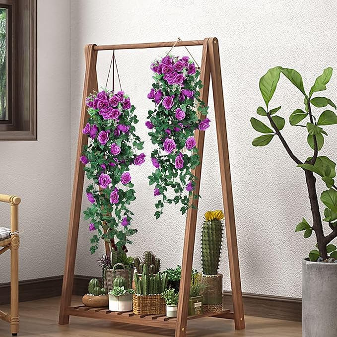 RECUTMS Artificial Hanging Rose Plants Fake Flowers Vines Wall Décor House Garden Patio Front Porch Indoor Decor (Purple)