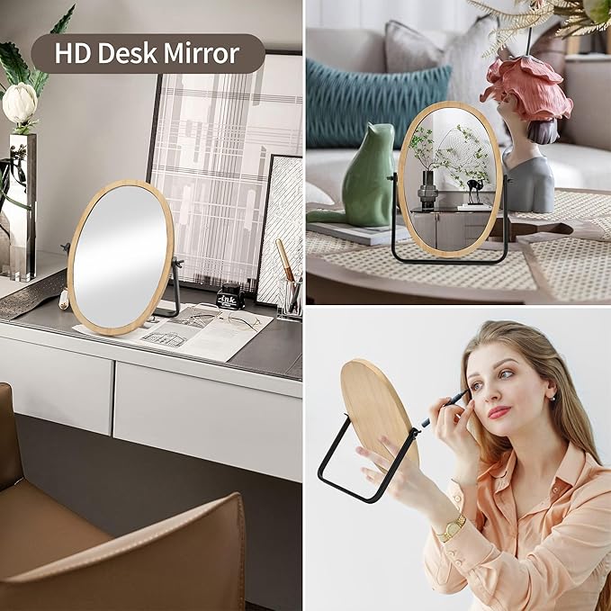 Vanity Makeup Table Mirror - Desk Mirrors 360 Adjustable Rotation,Wood Framed Small Standing Mirror for Bedroom,Tabletop,Office,Antique,Dresser,Countertop 11.8'' x 7.8''