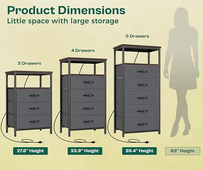 Huuger 5 Drawers Dresser with Charging Station, Dresser for Bedroom, Tall Night Stand, Chest of Drawers with Open Shelf, Bedside Table Nightstand, Fabric, for Entryway, Adult Only, Walnut