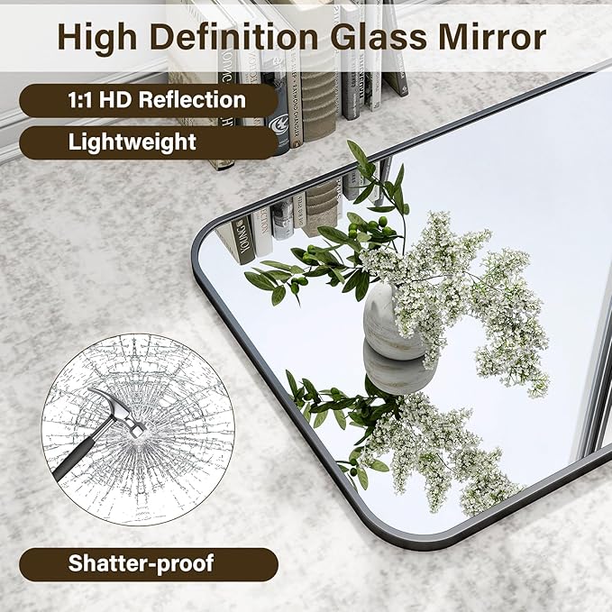 HARRITPURE Rectangular Bathroom Mirror 40''x30'' Black Bathroom Wall Mirror Aluminum Frame Wall-Mounted Mirrors for Entryway Bedroom Living Room
