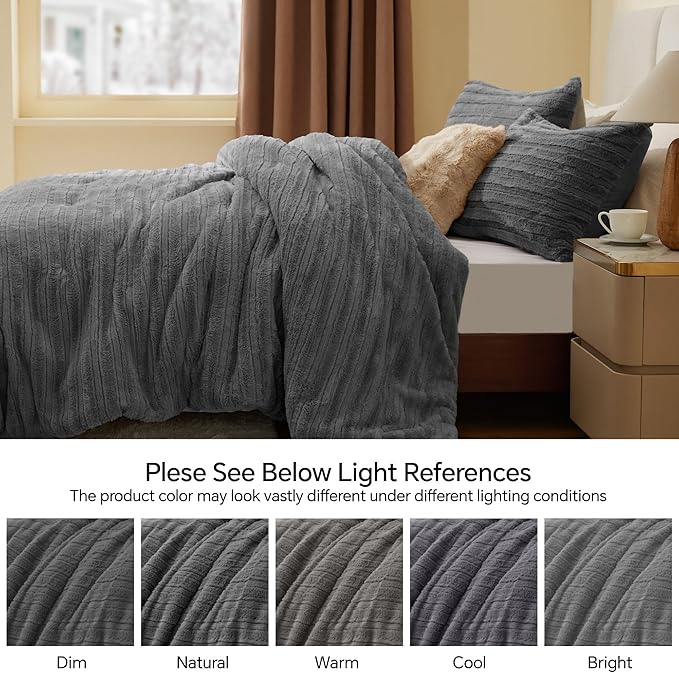 BEDELITE Fleece King Comforter Set -Super Soft & Warm Fluffy Grey Faux Fur Bedding, Luxury Fuzzy Heavy Bed Set for Winter with 2 Pillow Cases