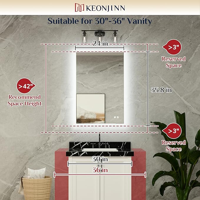 Keonjinn 24 x 36 Inch Backlit Mirror for Bathroom, Anti-Fog Led Mirror, CRI90+ HD Tempered Glass, Stepless Dimmable Lighted Mirror, High Lumen, UL Listed, Waterproof, Horizontal/Vertical