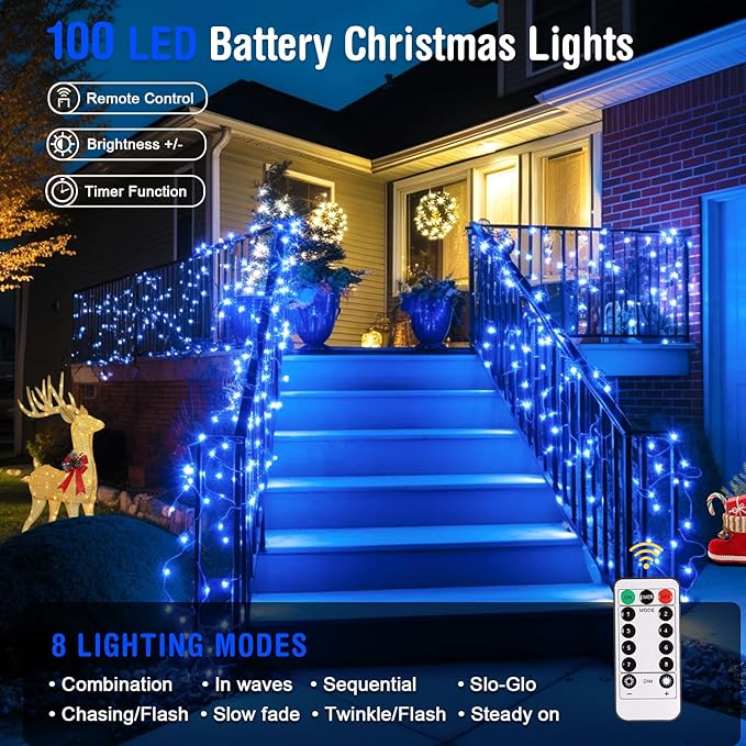 JMEXSUSS 33ft 100 LED Blue Christmas Tree Lights, Battery Operated Christmas Lights with 8 Modes Remote Waterproof Outdoor Indoor for Halloween Christmas Outside Decorations