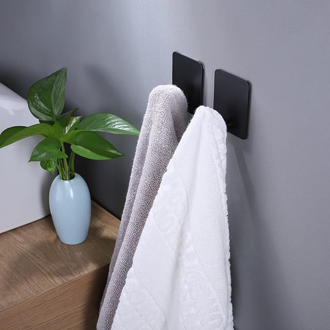 DELITON 8 Pack Adhesive Towel Hooks - Bathroom Towel/Wall Hooks for Hanging Coat Robe Stick on Bathroom or Kitchen Matte Black Stainless Steel