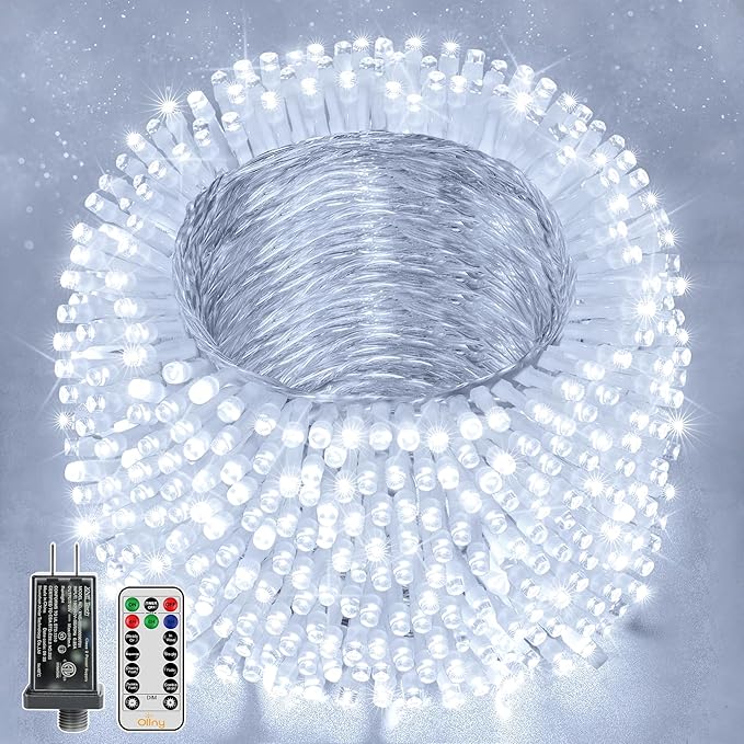 Ollny Christmas Lights Outdoor Waterproof, 1000LED 328FT Super Long String Lights with Remote 3 Timer, Plug in 8 Modes Fairy Light for Outside House Bedroom Xmas Decorations, Cool White