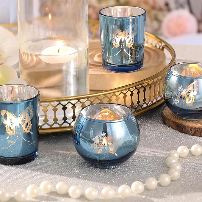 Blue 12 PCS Combination Tea Lights Candle Holder Decorative with Butterfly Pattern, Votive Candle Holders for Wedding, Birthday, Anniversary, Parties, and Holiday Decorations