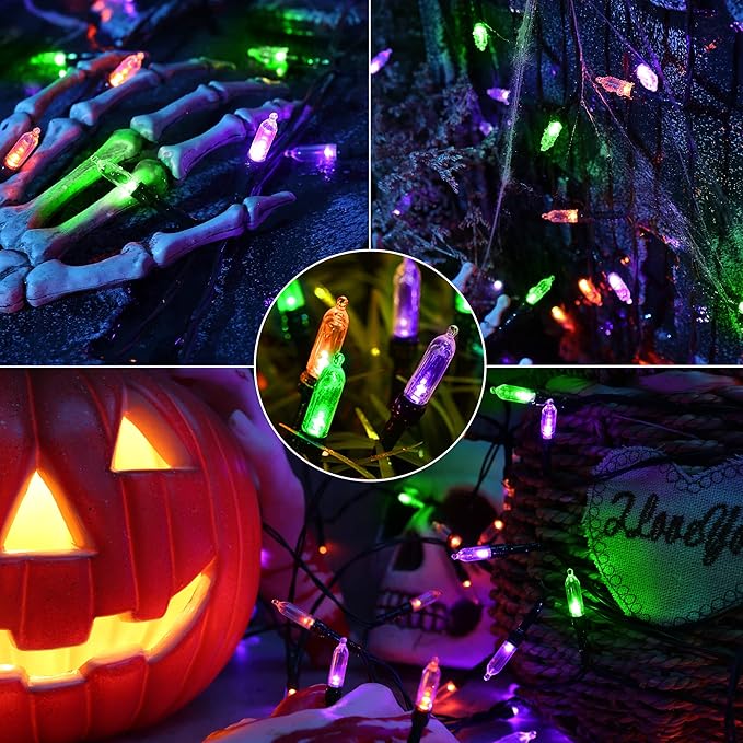 LYHOPE Orange & Purple & Green Halloween Lights, 33ft 100 LED Halloween Decoration Lights Waterproof 8 Modes Battery Operated String Light for Outdoor & Indoor,Tree, Wreaths, Holiday, Party Decor