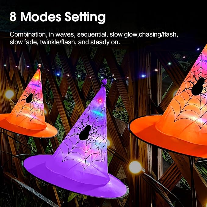Twinkle Star 8 Pcs Lighted Hanging Witch Hats, Halloween Decorations Lighted Witch Hats with Remote Control String Lights, Battery Powered with 8 Lighting Modes for Garden, Yard, Tree