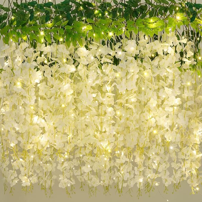 Waipfaru 40 Pack White Wisteria Hanging Flowers, Fake Flowers for Decoration, Artificial Hanging Flowers, Vines for Bedroom, Flower Garland for Home, Party, Wall, Wedding Decoration(3.6 Ft/Pcs)