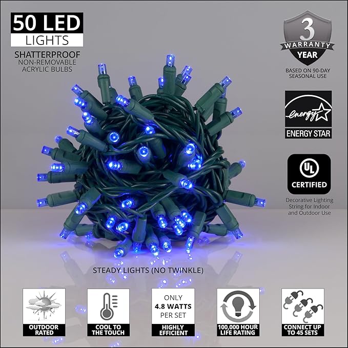 Wintergreen Lighting 50 LED Blue Christmas Lights, 25 ft Indoor/Outdoor Wide Angle Mini String on Green Wire, Commercial Grade with 6" Spacing, 5mm