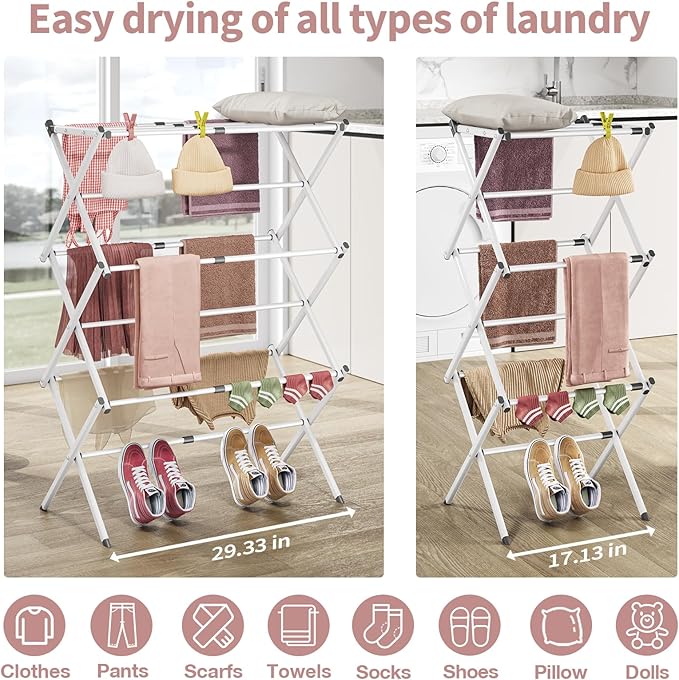 APEXCHASER Clothes Drying Rack, 3-Tier Laundry Drying Rack for Clothes, Expandable Metal Clothing Dryer, Collapsible Towel Rack, Air Drying Rack, White