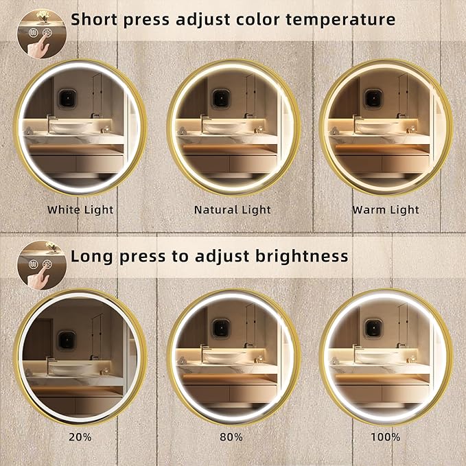 Hasipu 32 Inch Round LED Lighted Mirror for Bathroom with Lights, Gold Circle Vanity Mirror for Wall, Metal Framed Frontlit Bathroom Mirrors Anti-Fog, Dimmable, 3 Colors Makeup Mirror Wall Mounted