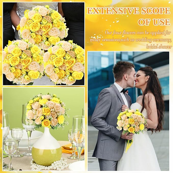 Geosar 16 Bundles Artificial Peonies Flowers Fake Silk Peony Bouquet Faux Peonies Flowers Bulk for Decoration Vase Floral Arrangements Wedding Party Table (Yellow,Champagne)