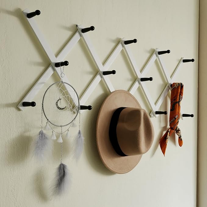 SKOLOO Hat Rack for Wall with 14 Hooks, Solid Wooden, Modern, Expandable Coat Rack Wall Mount for Coats, Hats, Bags, Baseball Caps, Black on White