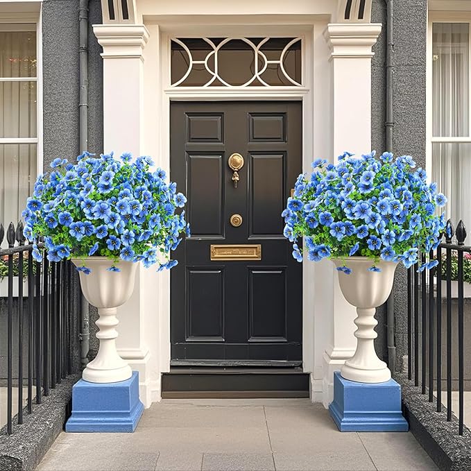 Ouddy Decor 24 Bundles Artificial Flowers for Outdoors Fake Silk Flowers UV Resistant Faux Plastic Plants for Spring Summer Garden Porch Window Box Table Vase Home Indoor Outdoor Decoration, Blue